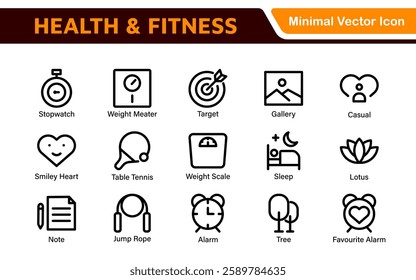 Health and Fitness Icon Set. Vector Icons for Exercise, Wellness, Nutrition, Gym, Yoga, and Healthy Lifestyle