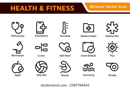 Health and Fitness Icon Set. Vector Icons for Exercise, Wellness, Nutrition, Gym, Yoga, and Healthy Lifestyle