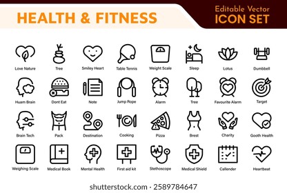 Health and Fitness Icon Set. Vector Icons for Exercise, Wellness, Nutrition, Gym, Yoga, and Healthy Lifestyle