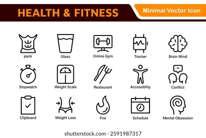 Health and Fitness Icon Set. Vector Icons for Exercise, Wellness, Nutrition, Gym, Yoga, and Healthy Lifestyle