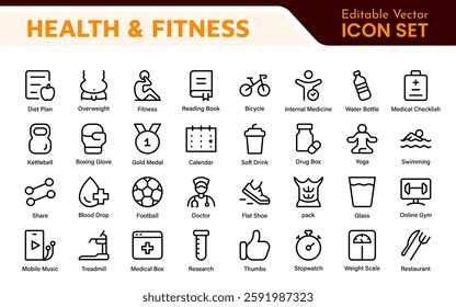Health and Fitness Icon Set. Vector Icons for Exercise, Wellness, Nutrition, Gym, Yoga, and Healthy Lifestyle