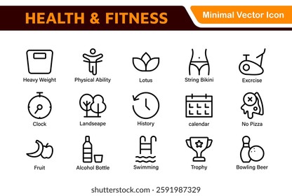 Health and Fitness Icon Set. Vector Icons for Exercise, Wellness, Nutrition, Gym, Yoga, and Healthy Lifestyle