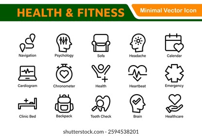 Health and Fitness Icon Set. Vector Icons for Exercise, Wellness, Nutrition, Gym, Yoga, and Healthy Lifestyle
