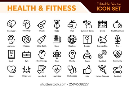 Health and Fitness Icon Set. Vector Icons for Exercise, Wellness, Nutrition, Gym, Yoga, and Healthy Lifestyle