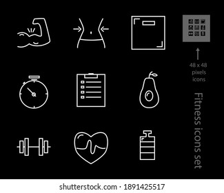 Health and fitness icons set: dumbbell, diet, food, biceps, timer.  Vector symbol collection. EPS 10