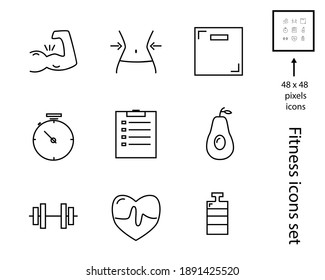 Health And Fitness Icons Set: Dumbbell, Diet, Food, Biceps, Timer.  Vector Symbol Collection. EPS 10