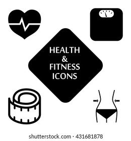Health and fitness icons set. Silhouette vector illustration