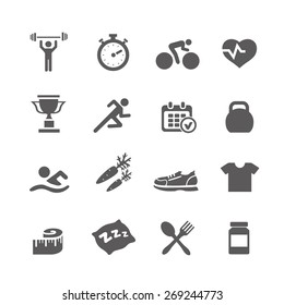  Health and Fitness icons  vector set icons with a stopwatch bodybuilder weights dumbbells heart with pulse trainer shoes bottled water 