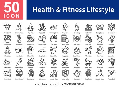 Health  Fitness Lifestyle Collection of Icons with Outline Style Containing: Dumbbell Lift  ,Running Person  ,Yoga Pose  ,Bicycle Ride  ,Swimming Stroke  ,Jump Rope  ,Stretching  ,Treadmill Run  ,Boxi