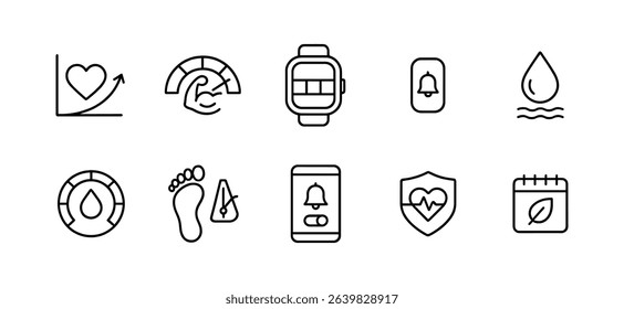 Health and fitness line icon set. wellness, exercise, nutrition, heartbeat icons