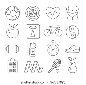 Health and Fitness line icons on white background