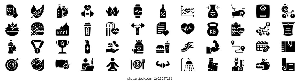 Health, fitness and nutrition icon set. Silhouette style.