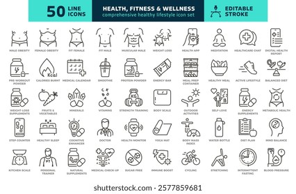 Health, fitness, nutrition and wellness thin line icons. Balanced diet, weight management, exercise, mind and body care vector set