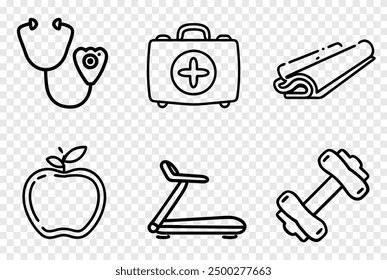 Health and Fitness Vector Icon Set with Stethoscope, Yoga Mat, and Dumbbells