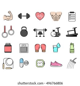 Health, Fitness, Workout icon color set on white background.