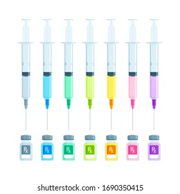 Health - Flat Icon Set - Treatment - Medicine - Medical Syringe with Needle and Vial containing Medicine Isolated on White Background
