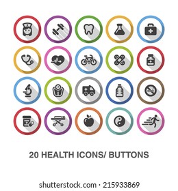 Health flat icons/ buttons with shadow.
