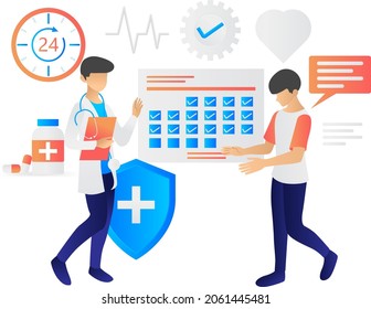 Health flat style illustration, a doctor and his patient consulting