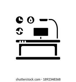 Health focused desktop glyph icon. Smart office table. Smart emerging technologies. Contemporary workplace. Futuristic office workspace innovations concept. Isolated silhouette vector illustration