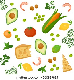  Health food 100% organic background. Vegetable, greenery, cheese, shrimp, mandarin, lime, lemon