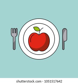 health food apple plate fork knife