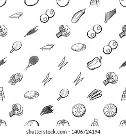 Health food. Background for printing, design, web. Usable as icons. Seamless. Monochrome binary, black and white.