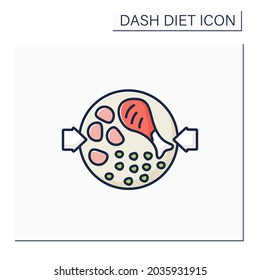 Health food color icon. Chicken with crushed harissa chickpeas on plate. Balanced nutrition. Small portion. Dash diet concept. Isolated vector illustration