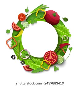 Health food frame with sliced vegetables and greenery logo vector illustration on paper cut style. Culinary tour, dieting and vegetarian cuisine craft origami design