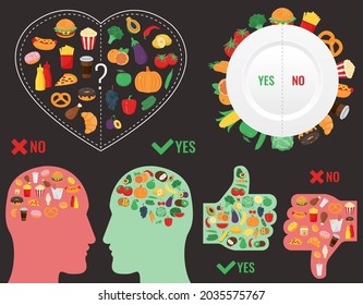 Health food and junk food background collection. Vector illustration