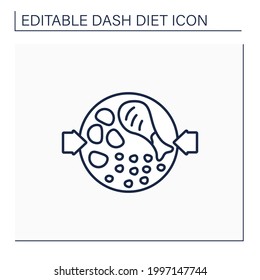 Health food line icon. Chicken with crushed harissa chickpeas on plate. Balanced nutrition. Small portion. Dash diet concept. Isolated vector illustration.Editable stroke