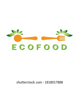 Health food logo Cutlery with green leaves Vector illustration