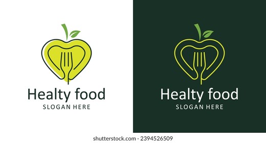 Health food logo design template. heart love logo with leaf fork design graphic vector. Symbol, icon, creative.