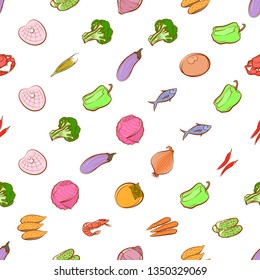 Health food and Seafood set. Background for printing, design, web. Usable as icons. Seamless. Colored.