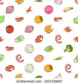 Health food and Seafood set. Background for printing, design, web. Usable as icons. Seamless. Colored.
