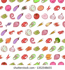 Health food and Seafood set. Background for printing, design, web. Usable as icons. Seamless. Colored.