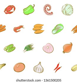 Health food and Seafood set. Background for printing, design, web. Usable as icons. Seamless. Colored.