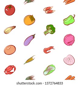 Health food and Seafood set. Background for printing, design, web. Usable as icons. Seamless. Colored.