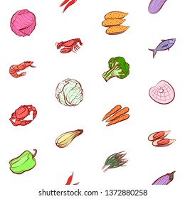 Health food and Seafood set. Background for printing, design, web. Usable as icons. Seamless. Colored.