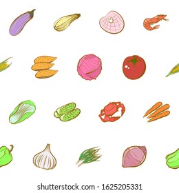 Health food and Seafood set. Background for printing, design, web. Usable as icons. Seamless. Colored.