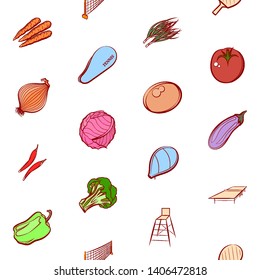 Health food and sport. Background for printing, design, web. Usable as icons. Seamless. Colored.