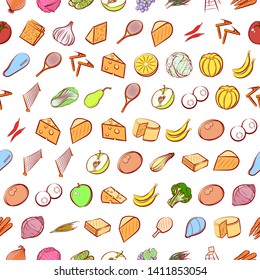 Health food and sport. Background for printing, design, web. Usable as icons. Seamless. Colored.