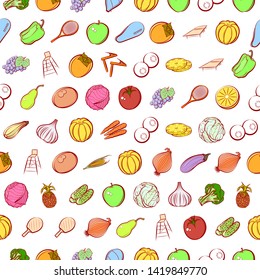 Health food and sport. Background for printing, design, web. Usable as icons. Seamless. Colored.