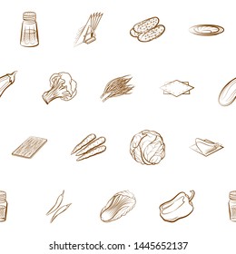 Health food and Table setting set. Background for printing, design, web. Usable as icons. Seamless. Binary color.