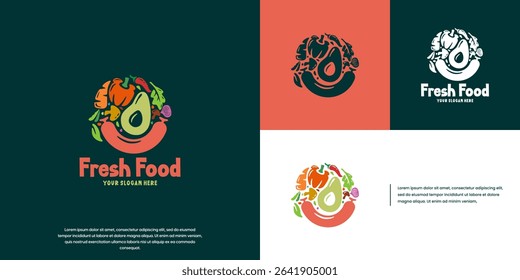 health food with unique style, circular shape, meat vegetable and fruit, graphic design vector.