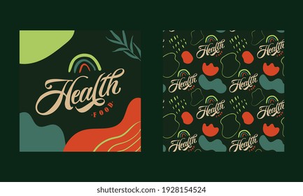 Texto y patrón del vector alimentario de la salud. Diseño de vectores de tipografía alimentaria para centros de salud, tiendas orgánicas y vegetarianas, afiche, logo. Ilustración vectorial.