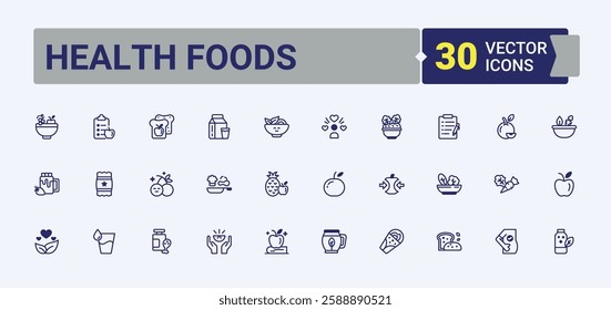 Health Foods line icon. Featuring free, natural, weight, eco, fit, vegan and more. Outline icon collection. Solid line editable vector illustration.