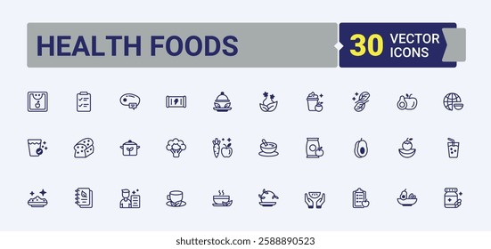 Health Foods line icon. Featuring free, natural, weight, eco, fit, vegan and more. Outline icon collection. Solid line editable vector illustration.