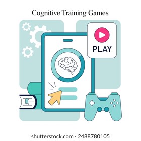 Concepto de Gamificación de Salud. Hacer ejercicios cerebrales a través de juegos interactivos que promueven la agilidad mental. Icono cerebral, Elementos de Botón y de control de juego. Ilustración vectorial.