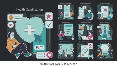 Concepto de Gamificación de Salud. Involucrar a Elementos en App de bienestar, incluyendo desafíos y recompensas de fitness. Interacciones móviles de atención médica y ejercicios de bienestar mental. Ilustración vectorial.