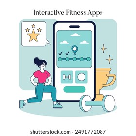 In: Health Gamification Concept. Einbindung von Workout-App-Schnittstellen mit Fortschrittsverfolgung. Übungsbelohnungen und Zielsetzung fördern die Fitnessmotivation. Vektorillustration.